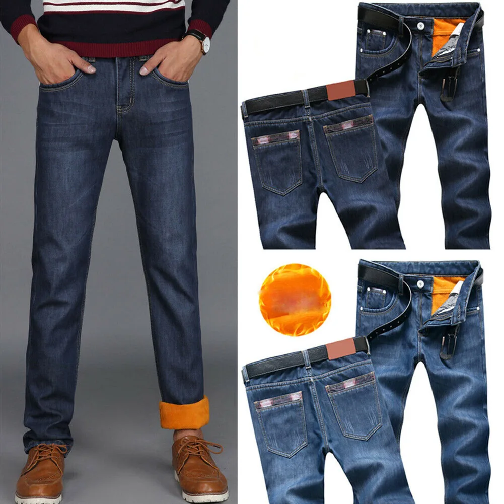 

Hot Men Winter Thermal Jeans Fleeced Lined Denim Long Pants Casual Warm Trousers for Office Travel CGU 88