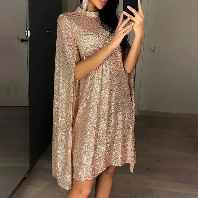 

Women's Sequined Party Midi Dress Christmas Cloak Sleeves New Year Dresses Female Winter Loose Elegant Fashion Ladies Clothes