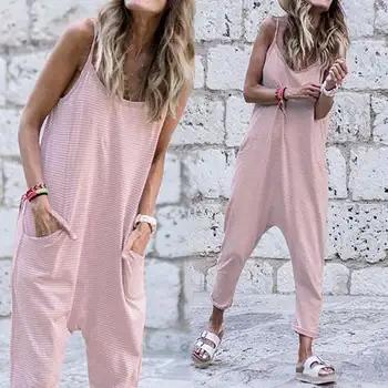 

2020 Plus Size Celmia Women Drop-Crotch Jumpsuits Summer Striped Rompers Sexy Straps Casual Loose Sleeveless Harem Pants Femme