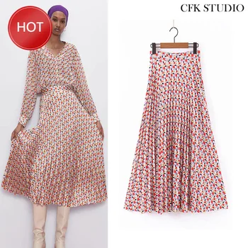 

2020 New Summer Women Midiskirt with High Waist Floral Chiffon Midiskirt Pink Elegant A-line Casual Loose Midiskirt