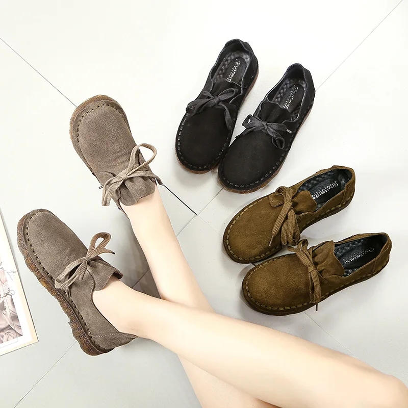 AARDIMI Women Spring Cow Suede Casual Oxfords Soft Bottom Flats Lace Up Sewing Lazy Shoes Woman NonSlip Large Size Footwear New