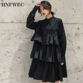 

2020 Spring Summer New High Waist Stand Collar Single-breasted Folds Long-sleeved Fashion Ladies Shirt Dress R628