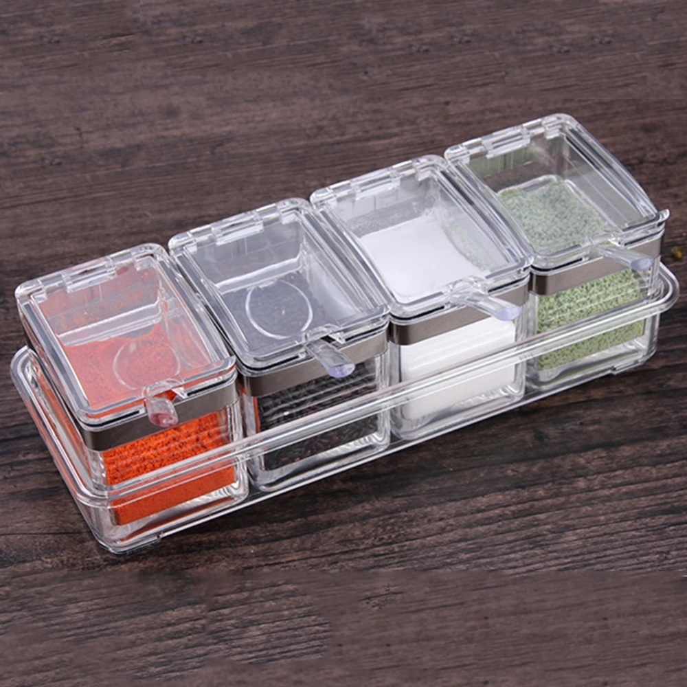 

1 set Airtight Gourmet Acrylic Seasoning Box Pure Acrylic Container And Case 4 Serving Spoons Condiment Cruet Bottle