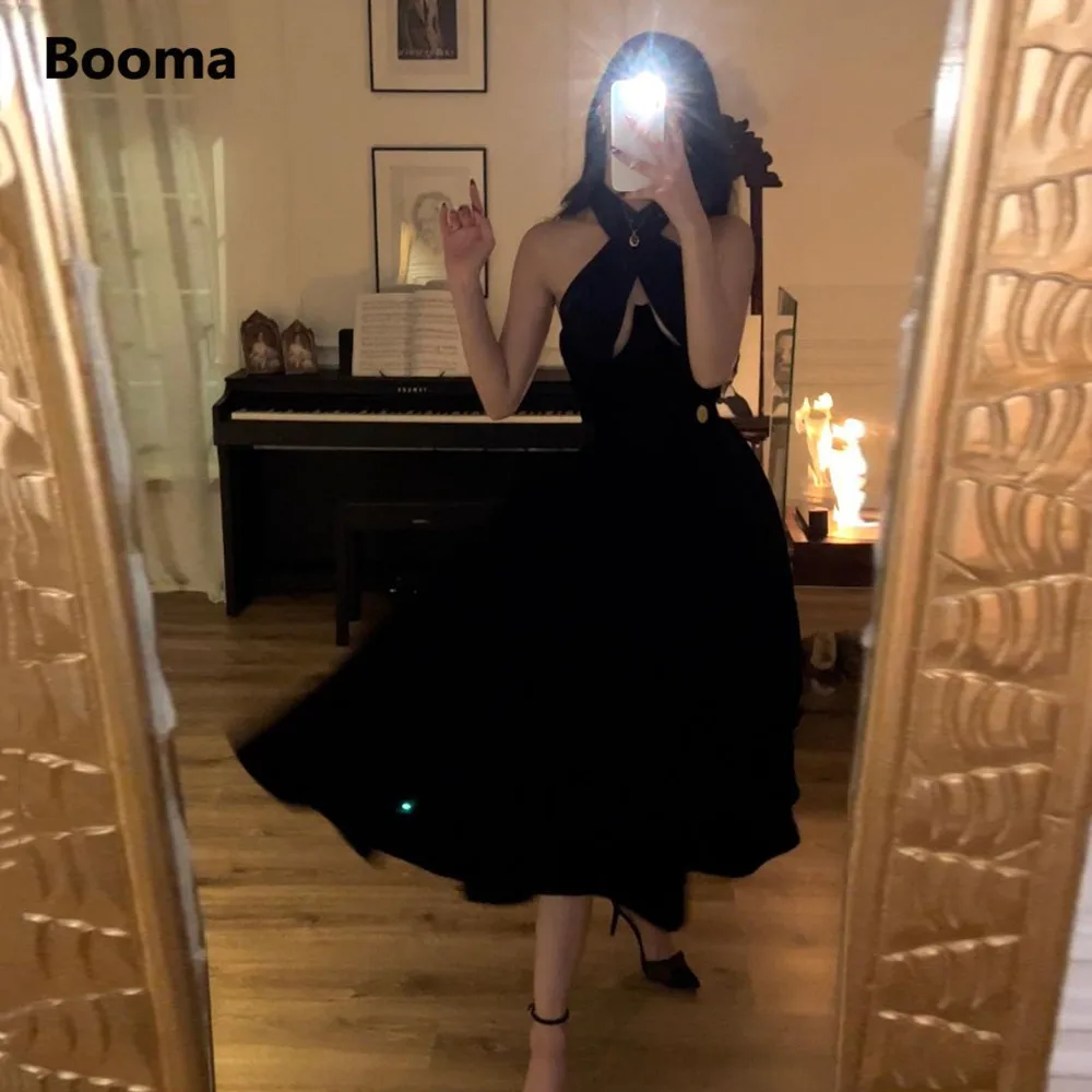 

Женское бархатное платье с лямкой на шее Booma, маленькие простые черные платья-трапеция средней длины с открытой спиной, велюровые платья до середины икры для выпускного вечера, 2022