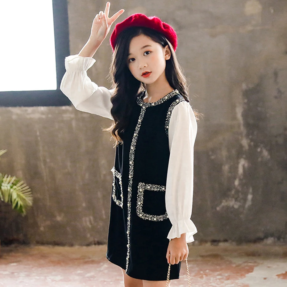 

Kids Dresses For Girls Patchwork Dress For Girl Thick Knitted Dress Child Winter Korean Style Dress For Girls 6 8 10 12 14 Yea