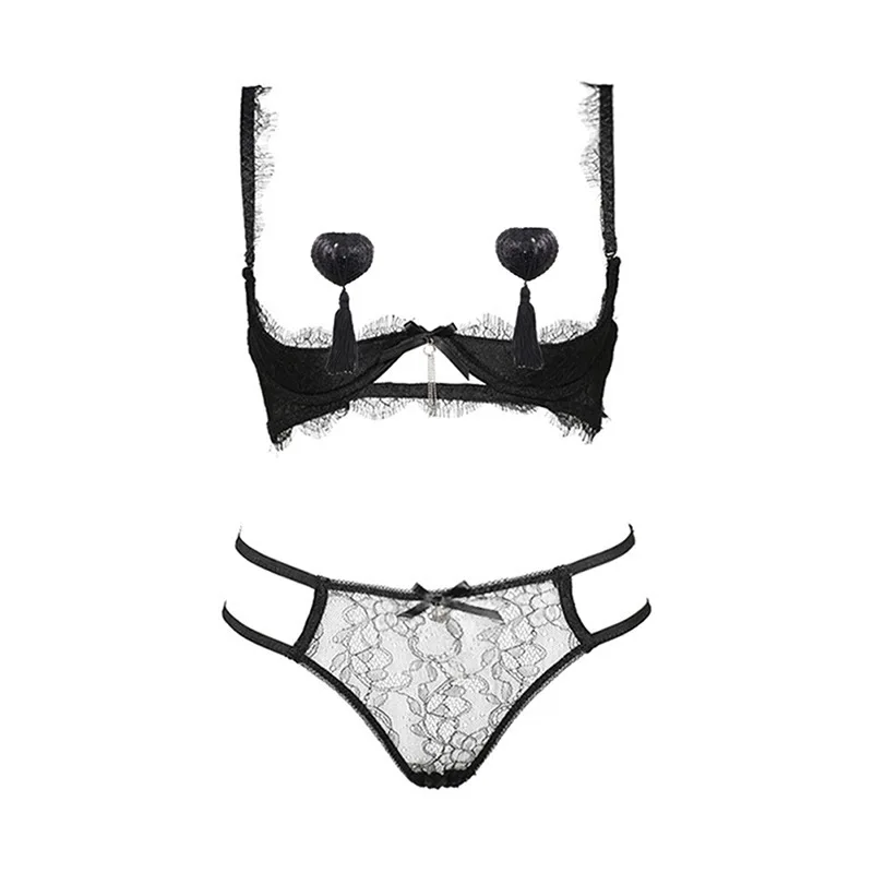 

Japanese Push Up Bra and Panty Set Underwear Women Intimates Fancy Lace Ultra Thin Bra Brief with Nipple Clamps Extreme Lingerie