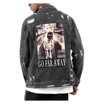 

Sokotoo Men's patch design ripped jean jacket Streetwear patchwork holes ripped gray denim coat Trendy outerwear
