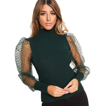 

Sexy Women's Mesh Long Puff Sleeve Polka Dots Tops Turtleneck Knit Shirt Blouse Tops Turtleneck Knit Shirt Blouse