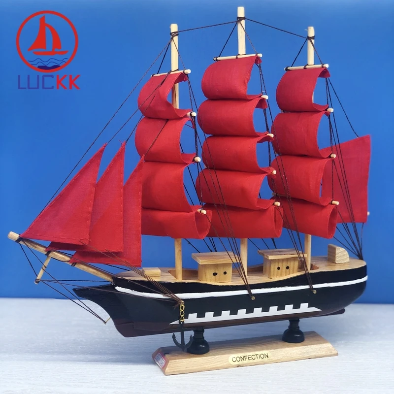 

LUCKK 33cm Mediterranean Wooden SailBoat Handmade Ship Model Red Canvas Office Room Decor Nautical Crafts Kids Christmas Gifts