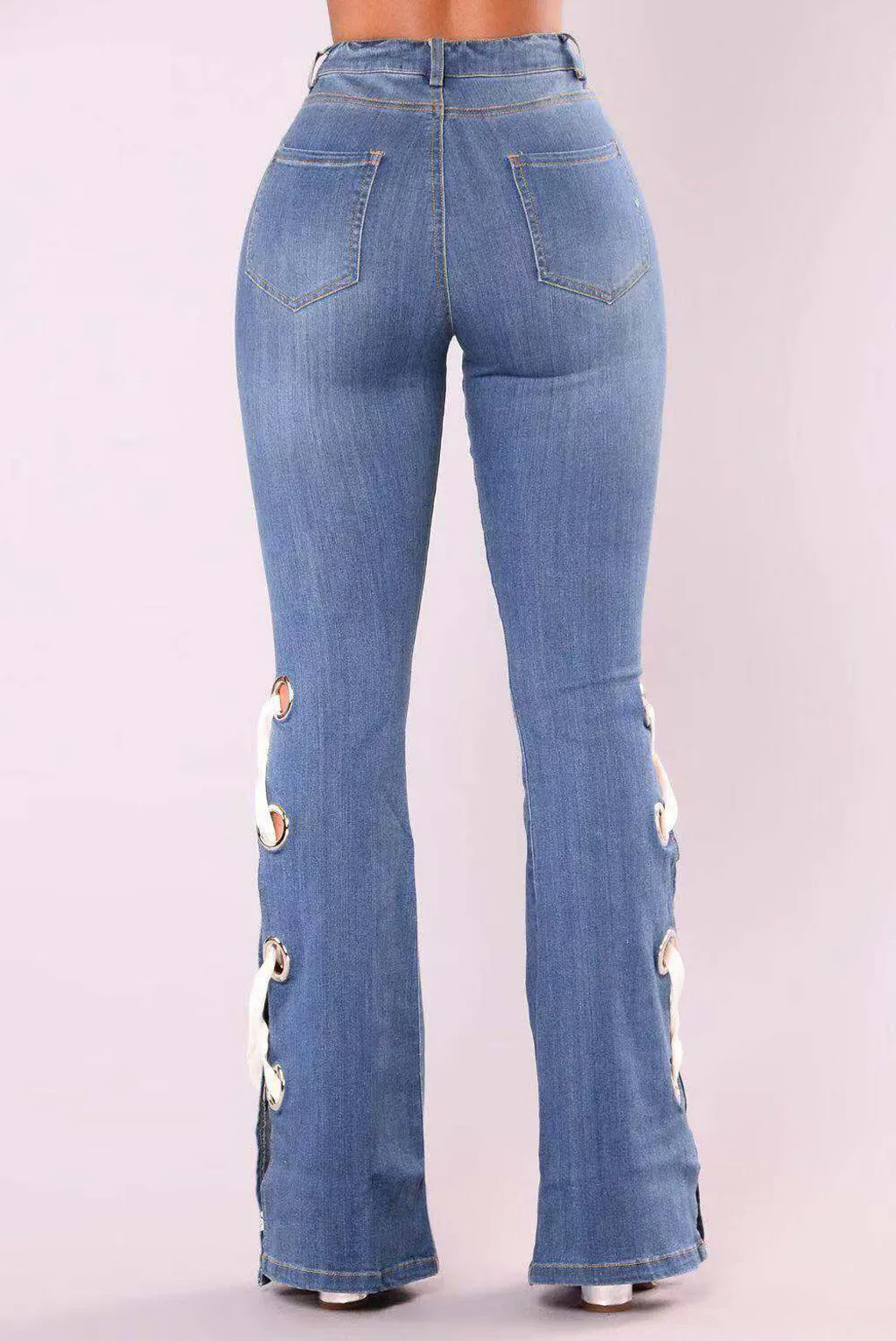 Женские винтажные расклешенные джинсы на шнуровке с бантом, обтягивающие Широкие джинсовые штаны, повседневные кружевные брюки, Pantalon mujer#3s