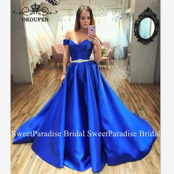 

Fashion Women Long Evening Dress With Beading Waist Royal Blue Satin Off Shoulder A Line Prom Dresses Party Gown