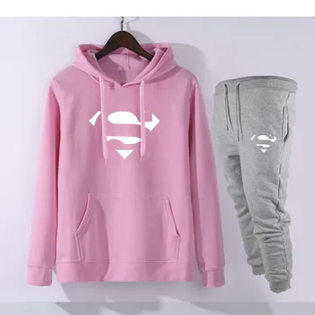 

2019Women Casual Sets New Fashion SupermanHooded Tops Sweatshirt+Solid Long Pants Sets Women Clothing Suits Female Tracksuit 2pc