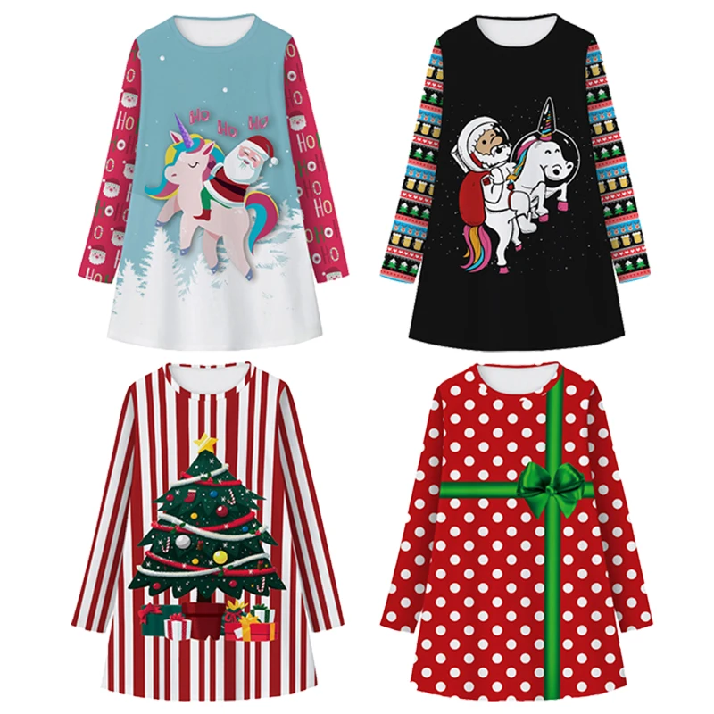 Рождественское платье с единорогом для девочек; нарядные платья для девочек-подростков; Детские платья с Санта-Клаусом; одежда для детей; карнавальное платье