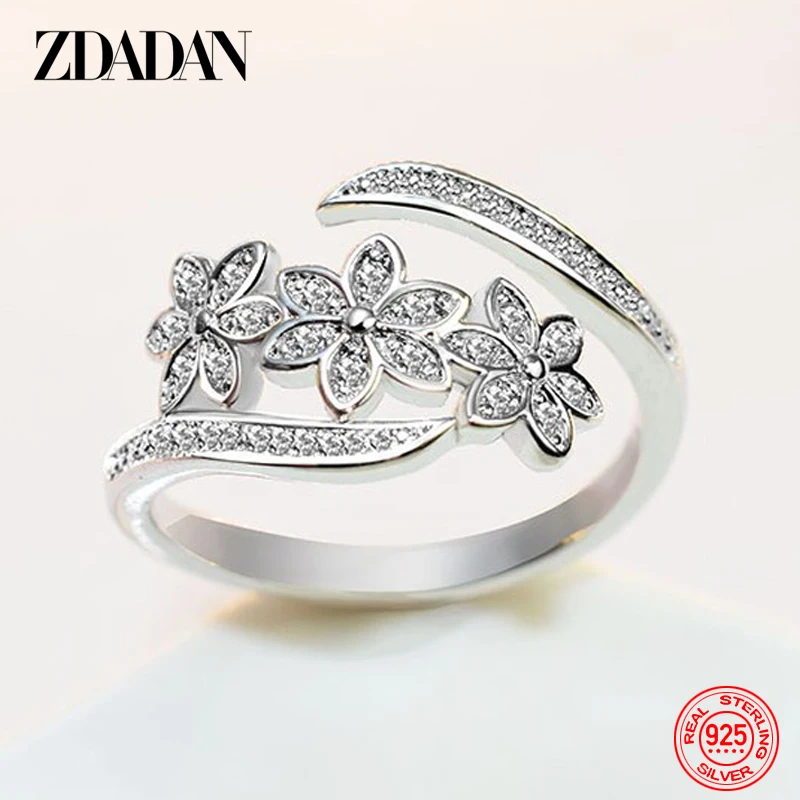 Silver Ring ZDADAN 925 Sterling Silver Adjustable Open CZ Flowers Ring for Women