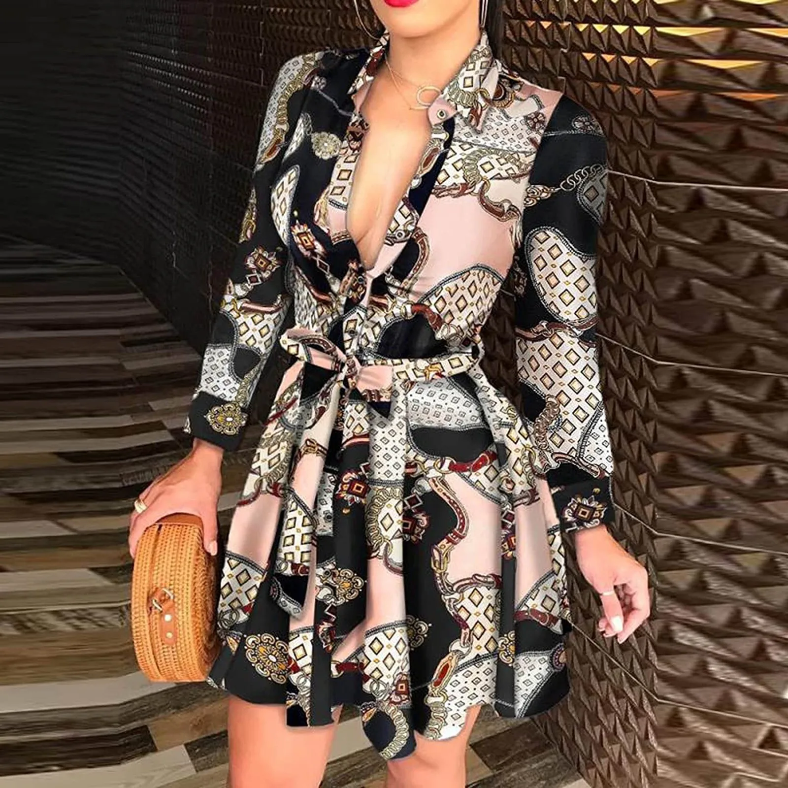 Women's Deep V-Neck sexy dress Button Long Sleeve Dress Mini Printed short Dress with Ruffles aesthetic evening party Vestido 2