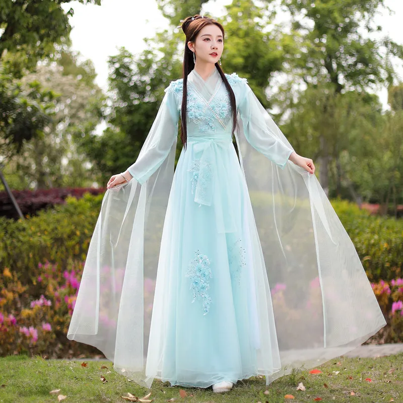 

Chinese Style Fairy Elegant Guzheng Costumes Female Classical Dance Costume Chinese Folk Hanfu Performance Clothing SL5099