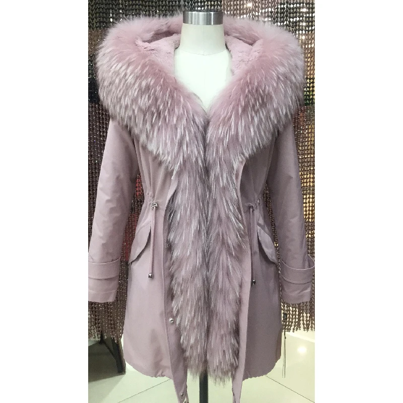 

Women winter parka coat jacket raccoon collar detachable rabbit fur liner 93cm length quality fabric 9-8901