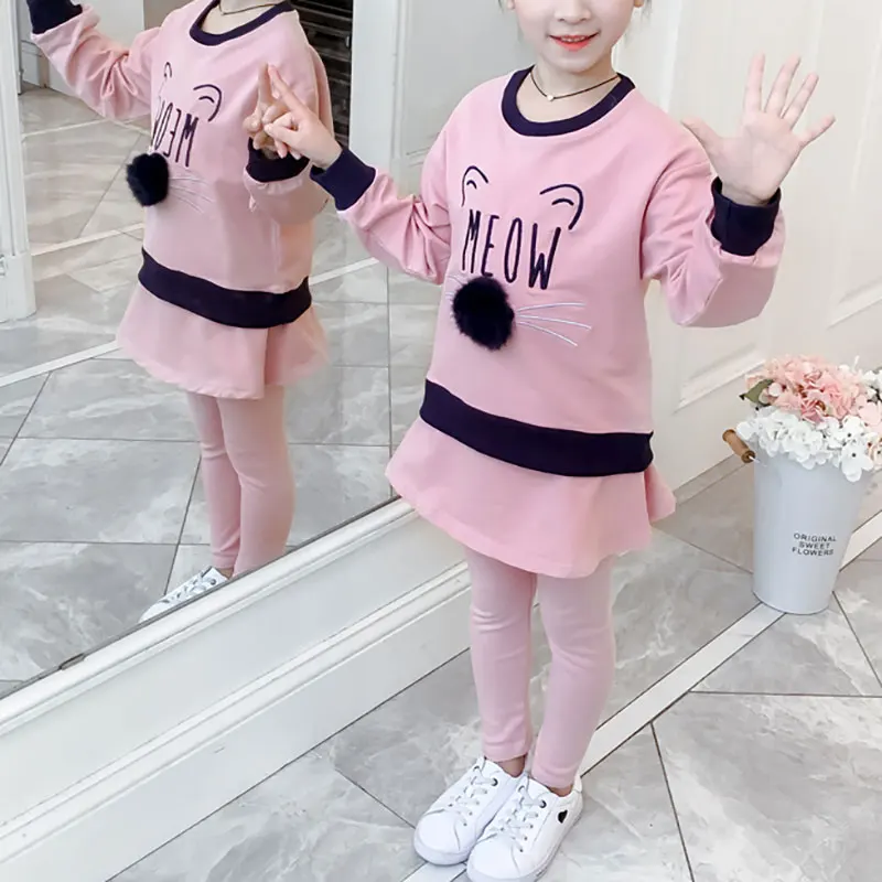 

New Autumn Girl Long Sleeve Cute Cartoon Cat Pattern Dress Blouse+Pants Leggings Trousers Outfits Set 3-10T