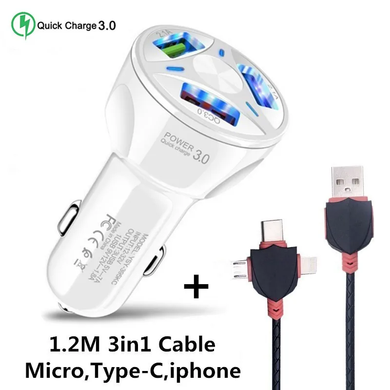 3.1A автомобильное микро USB зарядное устройство Быстрая зарядка QC 3,0 зарядное устройство для мобильного телефона 3 порта двойной USB быстрое автомобильное зарядное устройство для iphone X samsung huawei - Тип штекера: White 3USB and Cable