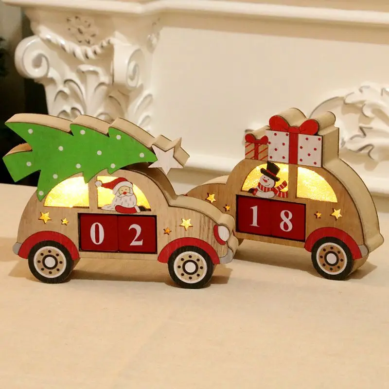 Деревянный светящийся Рождественский календарь обратного отсчета дизайн автомобиля с окрашенными блоками Праздничный Орнамент для украшения дома принадлежности