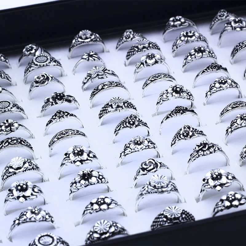 100 Pcs/Lot Flower Retro Gothic Alloy Rings for women Wholesale Party Jewelry Lots 5