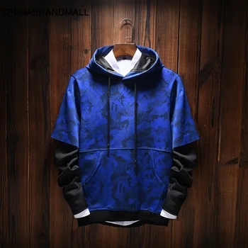 

Autumn Super Male With Cap Spell Color Sweater Male Fat Man Leisure Fake Two Piece Long Sleeve Top