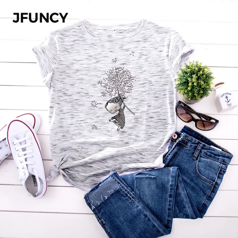 Футболка JFUNCY женская с коротким рукавом Модный хлопковый топ принтом