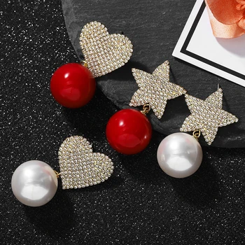 

Dvacaman Vintage Simulated Pearl Statement Earrings Rhinestone Heart Star Dangle Drop Earrings Women Cute Earrings Wholesale INS