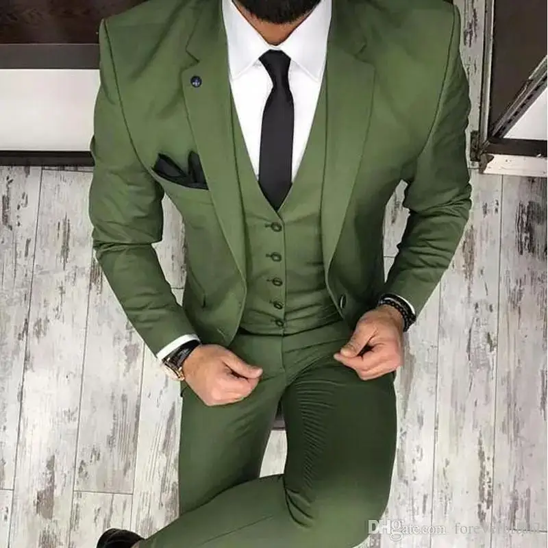 Оливково-зеленые мужские костюмы для жениха v-образный вырез, петличный смокинг, приталенный Блейзер из 3 предметов(пиджак брюки жилет), Свадебный костюм для мужчин terno