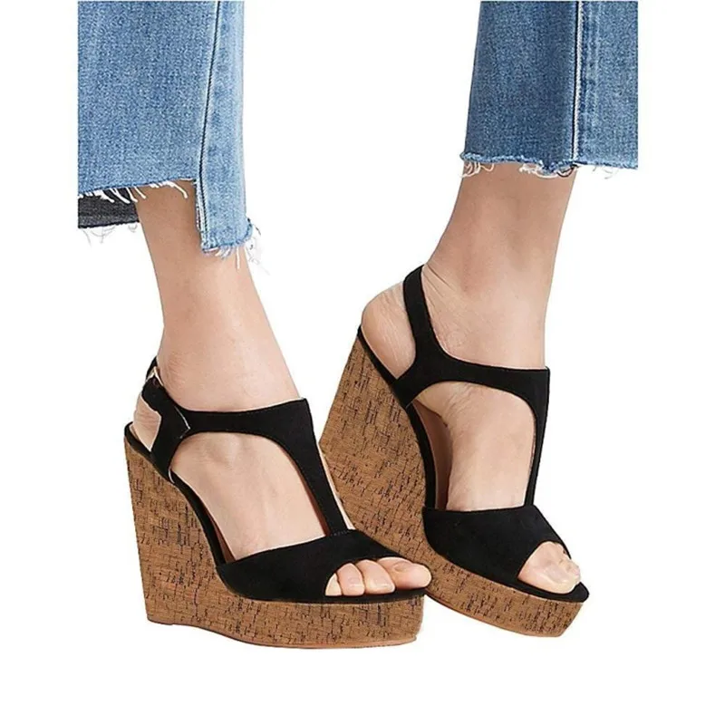

SHOFOO shoes,Beautiful fashionable women's shoes, suede, about 15cm wedges heel sandals, women's sandals.Summer women's shoes.