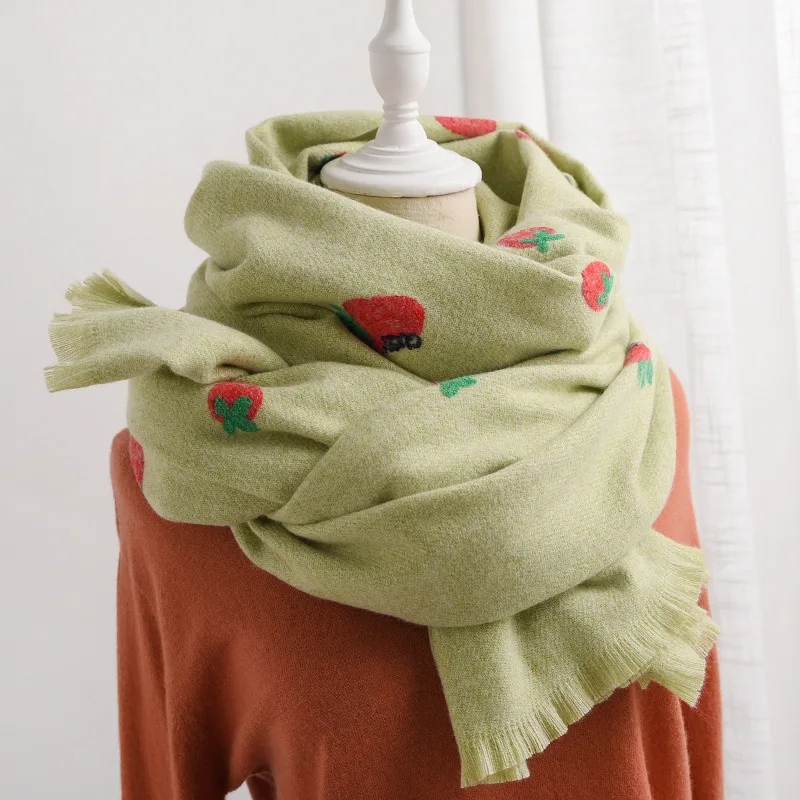 Зимний женский шарф, милые кашемировые шарфы с клубничкой, теплая плотная шаль, Женская Пашмина бандана, женский платок