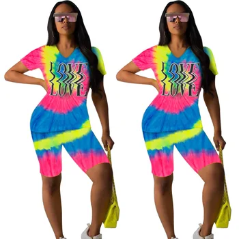 

new tie dyed print two piece set fashion v neck women set outfits short sleeve t shirt and knee length pants suit
