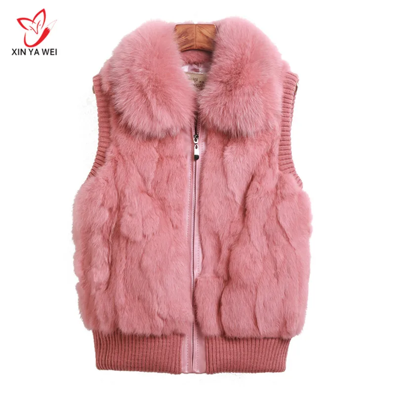 Pink Модный меховой жилет из натурального кроличьего меха, Женская пушистая теплая верхняя одежда без рукавов для женщин, осенне-зимний меховой жилет с воротником из лисьего меха - Цвет: Pink