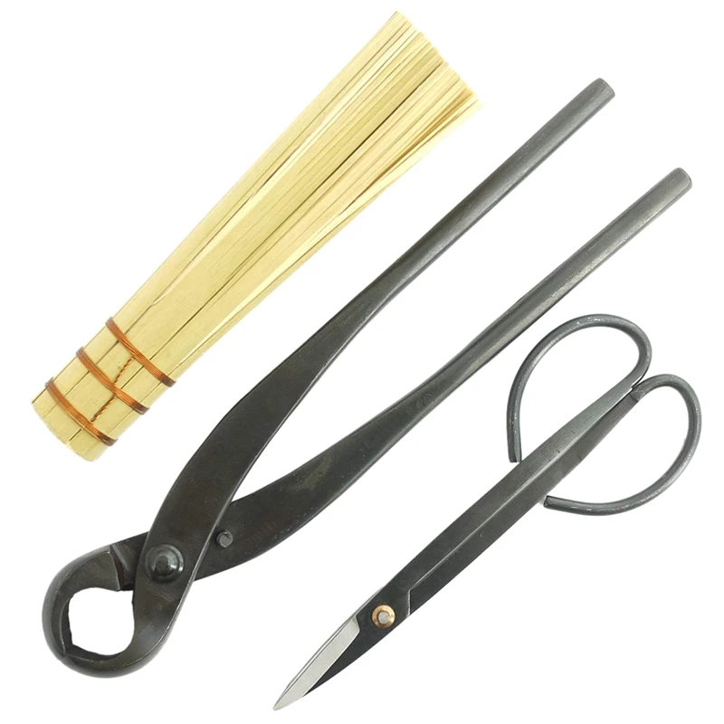 

3Pc Bonsai Tool Set Knob Cutter, Trimming Shear, and Bamboo Brush with Bag