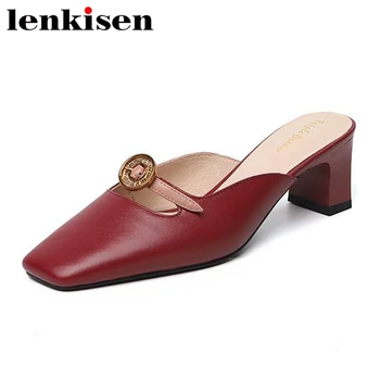 

Lenkisen hot full grain leather square toe high heels mixed colors women slip on mules metal decorations gentlewomen sandals L03