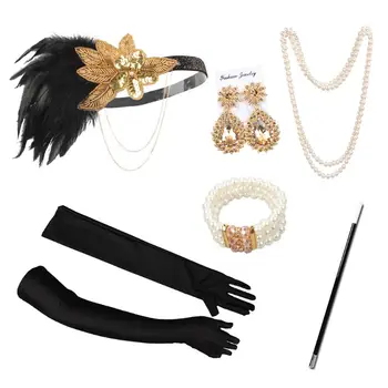 

6Pcs/set Women Flapper Themed Party Costumes Accessories Headband Earrings Necklace Bracelet Gloves Cigarette Holder Masquerade
