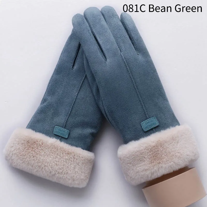 081C Bean Green Модные зимние женские перчатки с милым котиком и снежинками, двухслойные кашемировые теплые спортивные женские перчатки для занятий спортом на открытом воздухе - Цвет: 081C Bean Green