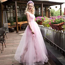 

Sevintage A-Line Pink Lace Tulle Prom Dresses Scoop Floor Length Evening Gowns Corset Sleeveless Fromal Women Dress Customize