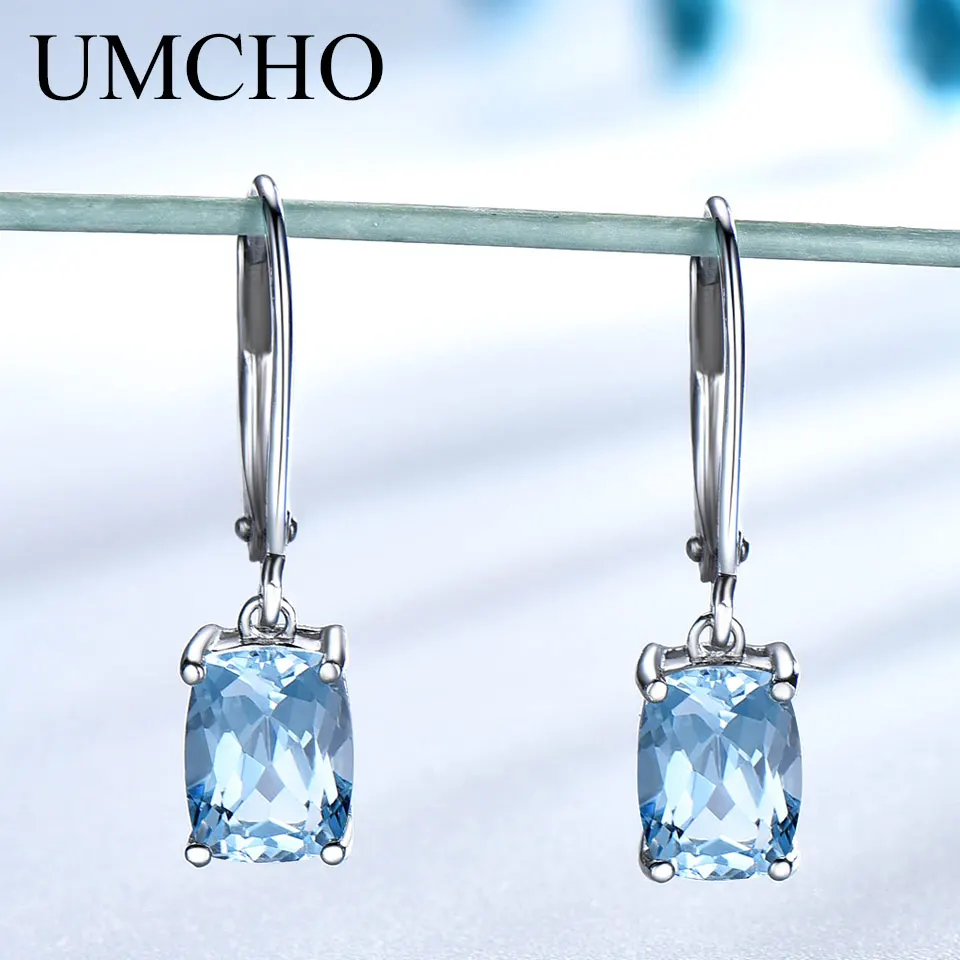 UMCHO Genuine 925 Sterling Silver Sky Blue Topaz Drop Earrings Elegant Gemstone Wedding Engagement Jewelry For Women Gifts