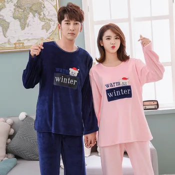 

Couple 2PCS Sleepwear Flannel Pajamas Set Nightwear Casual Warm Pijamas Suit Bathrobe Thicken Coral Fleece Long Sleeve Home Wear