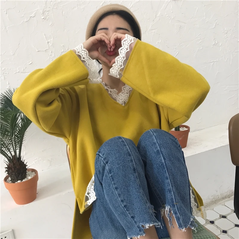 Moda feminina, свитшоты, пэчворк, сетка, v-образный вырез, повседневная, осень, новинка, женская одежда, корейский стиль, раздельный, vetement femme, женский
