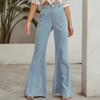 

Light Blue High Waist Vintage Flare Beading Jeans Women 2020 Autumn New Wide Leg Loose Bell Bottom Jean Denim Pants Trousers