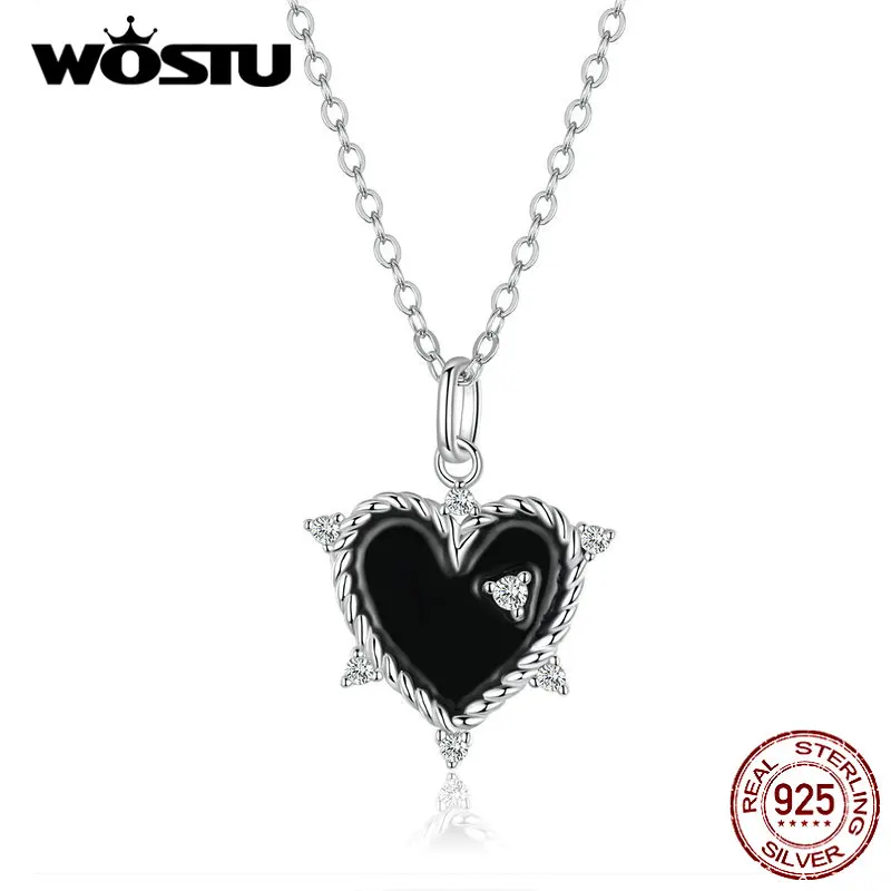 WOSTU, 925 пробы, серебряное, черное сердце, ожерелье для влюбленных, подвеска, длинная цепочка, звено для женщин, день рождения, дружба, ювелирное изделие, FIN350