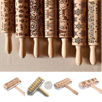 

Rolling Pin Baking Cookies Noodle Biscuit Fondant Cake Dough Engraved Roller Reindeer Snowflake Christmas Tree Embossing Cat