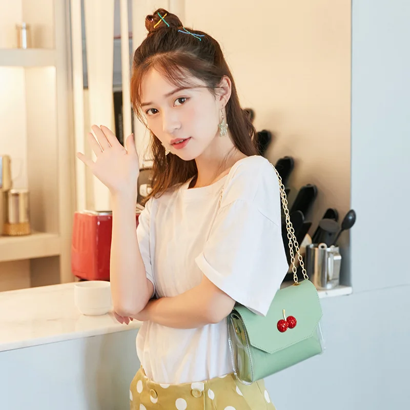 

Small Bag 2019 Summer Korean-style Crossbody Bag Beach Transparent Jelly Picture Cherry Women's Chain Square Sling Bag