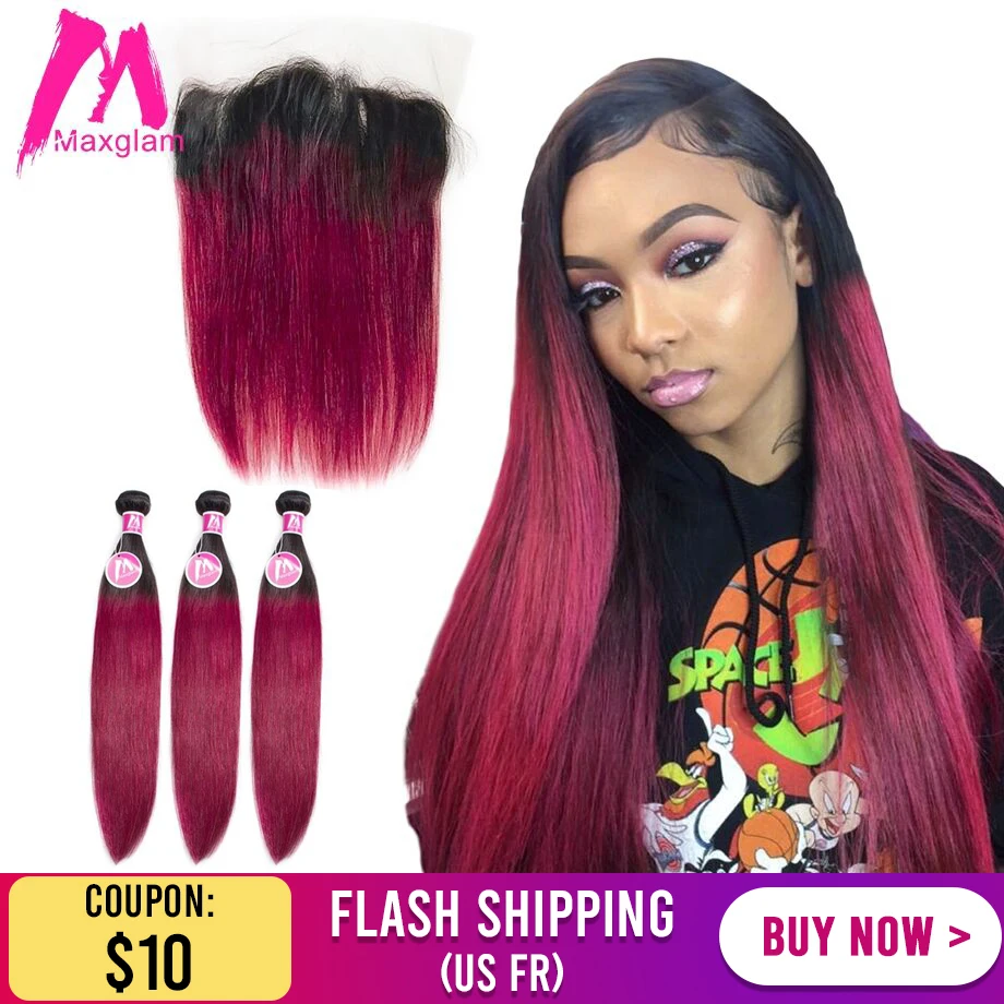 brazilian human hair extension straight 3 bundles with frontal ombre colored T1B 99j weave 30 inch for black women remy hd