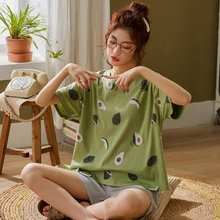 Green Sleepwear Sets For Women Lovely Avocado Pattern Pajamas 100% Cotton Short Home Wear Hot Sale Femme Underwear Pijamas