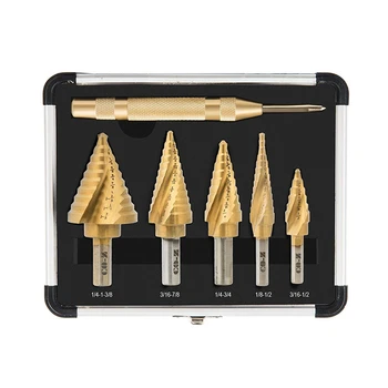 

6Pcs 1/8 to 1-3/8 Inch Upgrade HSS Titanium Spiral Grooved Step Drill Bit Set with Automatic Center Punch and Aluminum Case