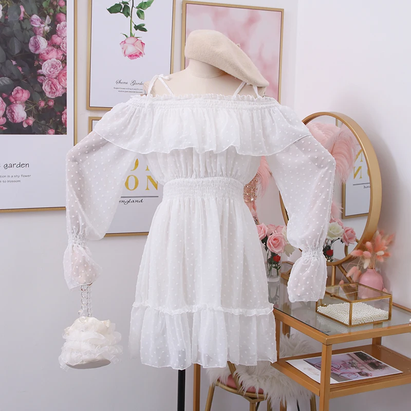 

2020 spring and summer new sweet wild fungus side ruffled chiffon trumpet sleeve dress dress women