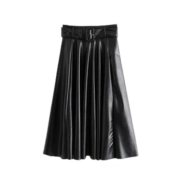 

2019 summer new waist with belt zaraing-style za Leather Pleated skirts